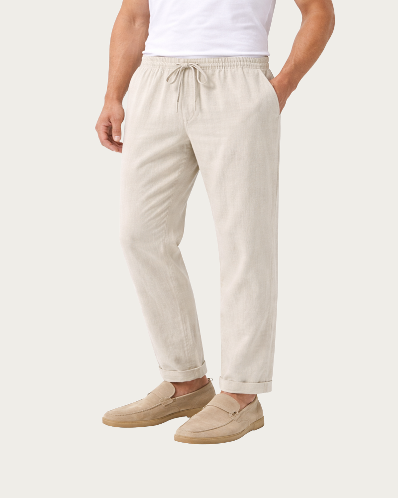 Beige Linen Trousers Men Front View Slim Fit Summer Style