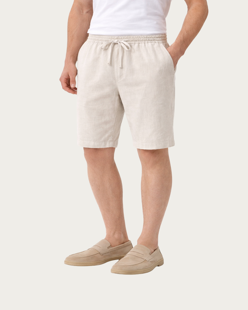 Beige Linen Shorts Men Front View Relaxed Fit Summer Style