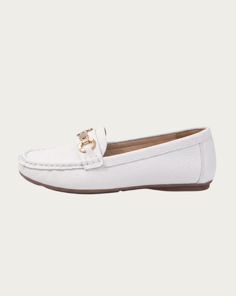 White Flat Loafers Women Side View Chain Detail