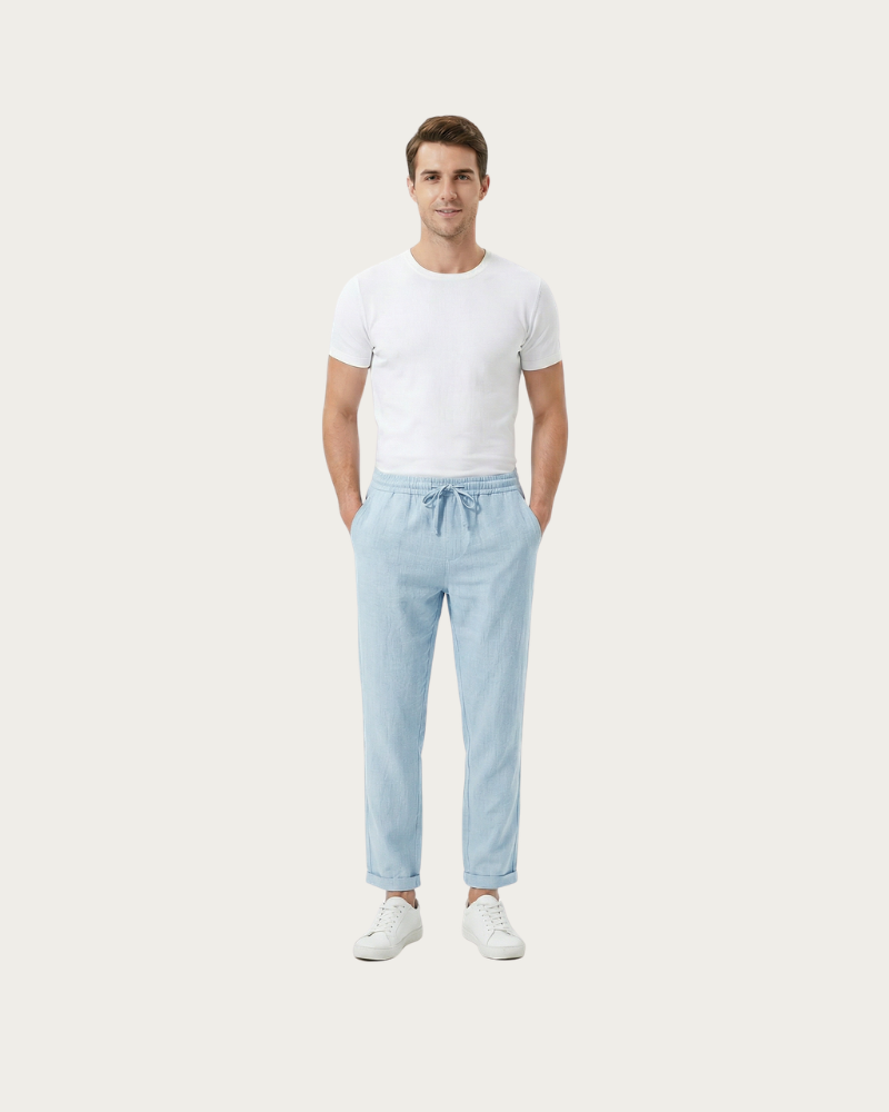 man wearing light blue trousers straight leg summer styling