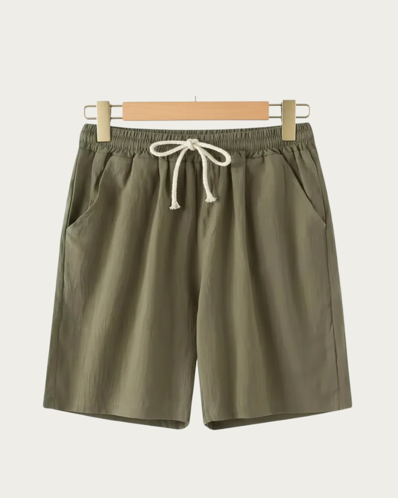 olive green men's linen shorts old money style front view