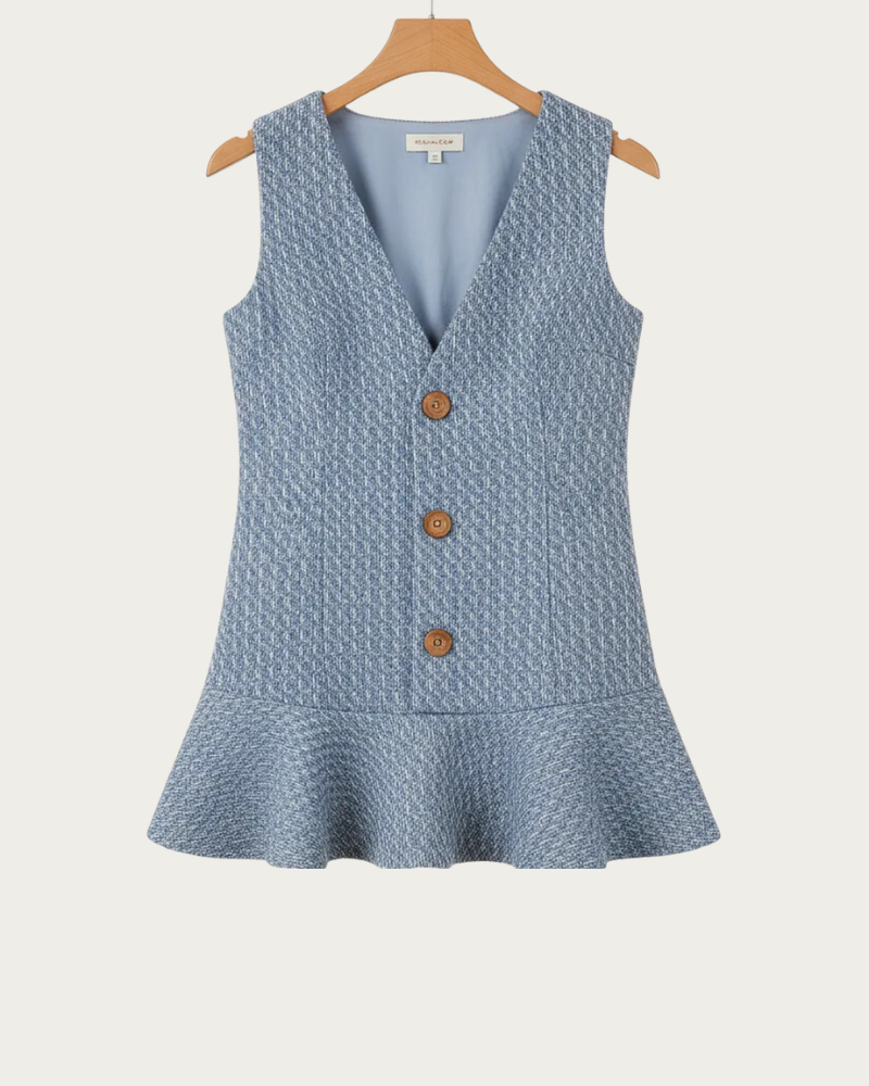 blue tweed mini dress front view on hanger button detail