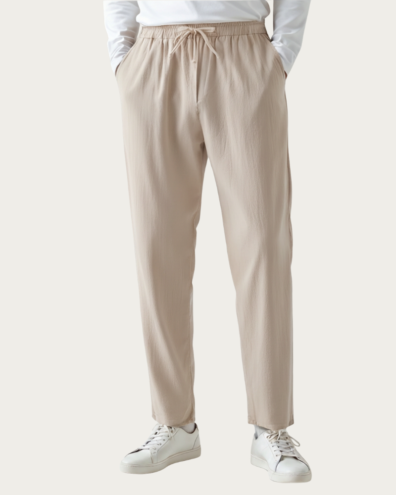 Beige Linen Trousers Men Front View Relaxed Fit Summer Style