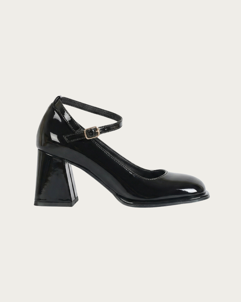 black ankle strap block heel pumps side view glossy finish