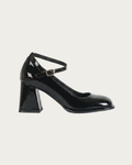 black ankle strap block heel pumps side view glossy finish