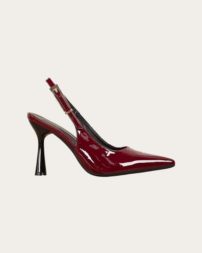 red slingback kitten heel pumps side view glossy finish