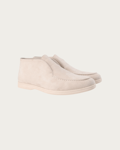Beige Suede High Top Loafers Men Side View Minimal Design