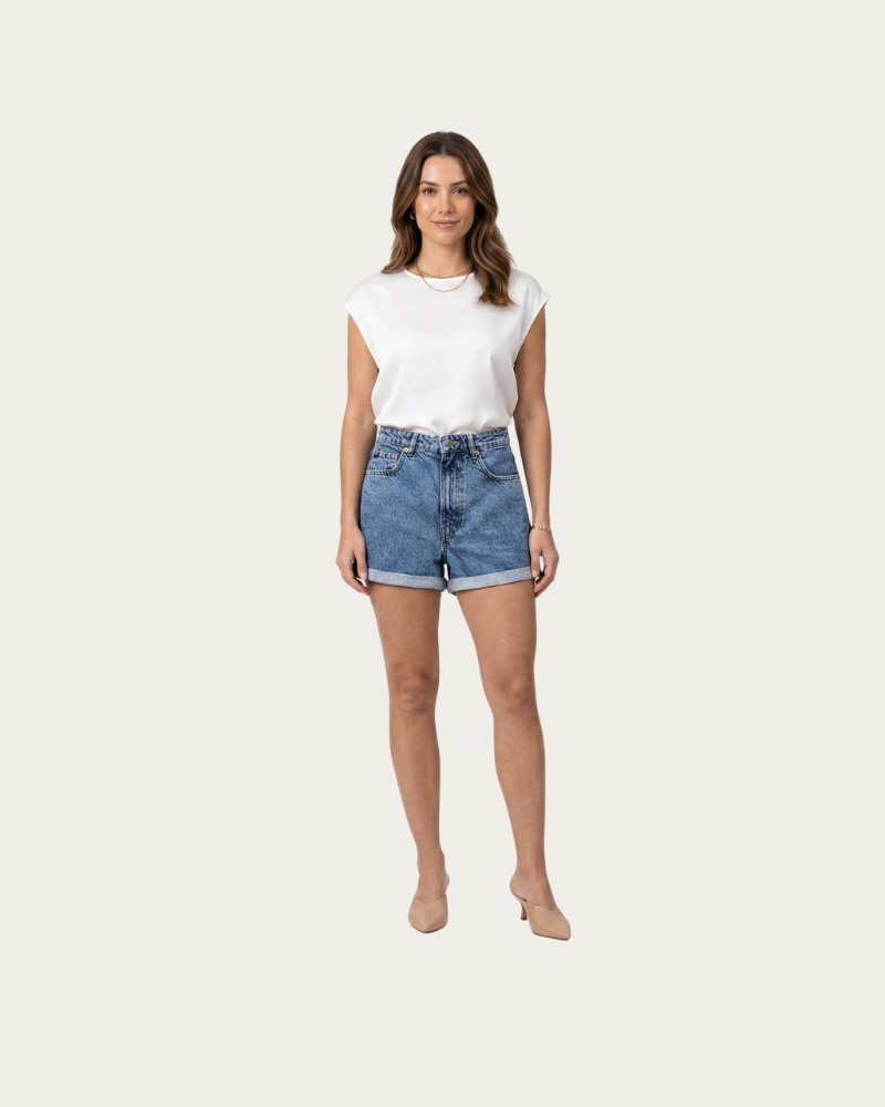 woman wearing denim shorts full body casual outfit