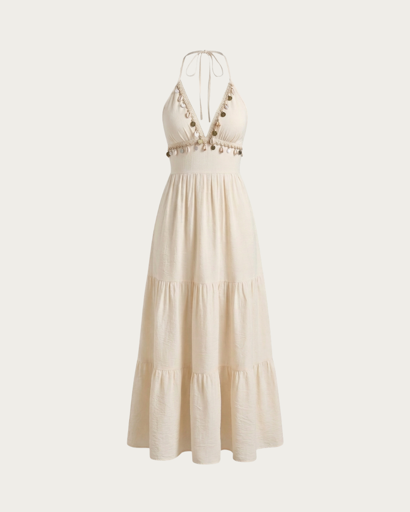 Beige Maxi Dress Women Front View A Line Flowing Fit
