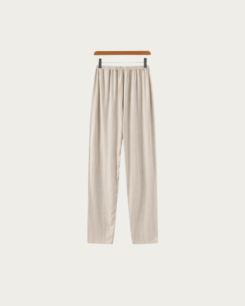 Beige Linen Trousers Hanging Front View Clean Style