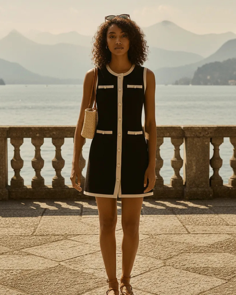 woman wearing black knit dress with contrast trim outdoor terrace setting