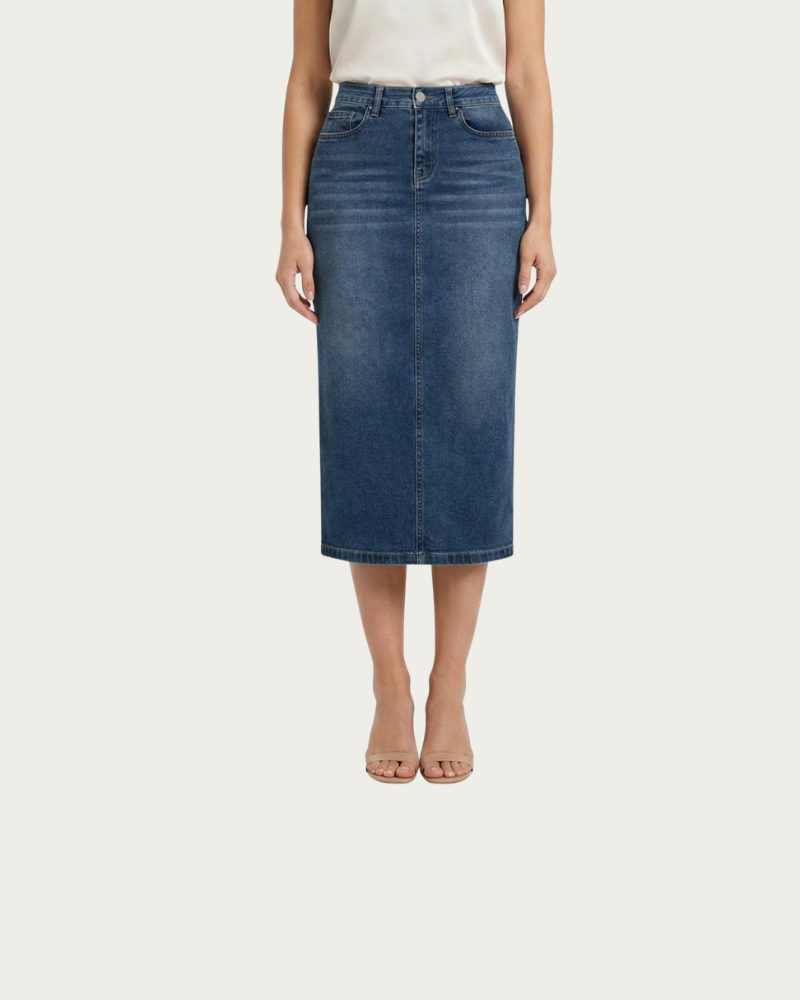 woman wearing denim midi skirt front view minimal outfit