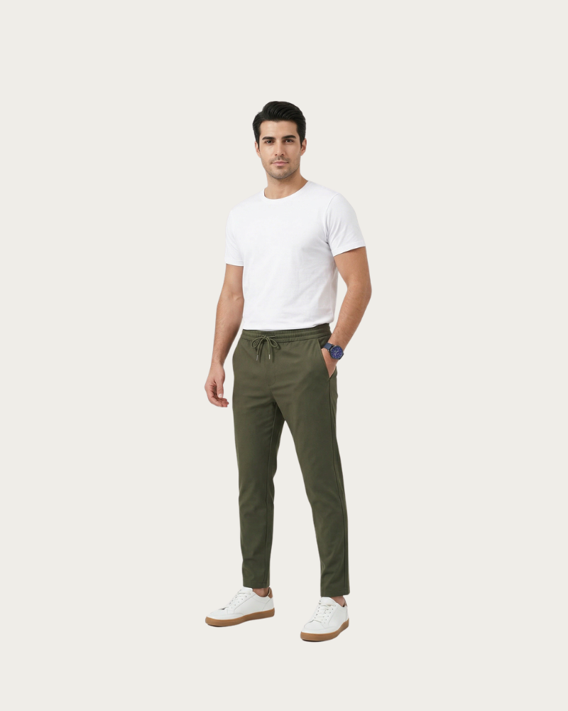 man wearing olive trousers full body casual summer look