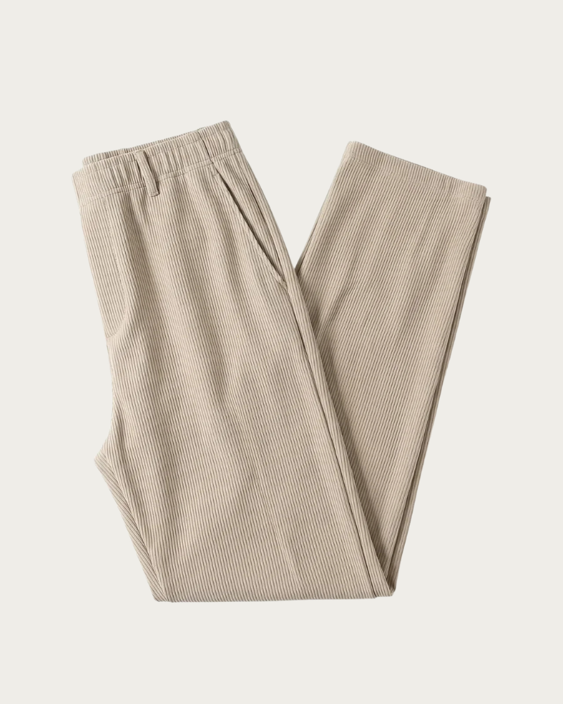 Beige wide leg trousers flat lay front view minimal design