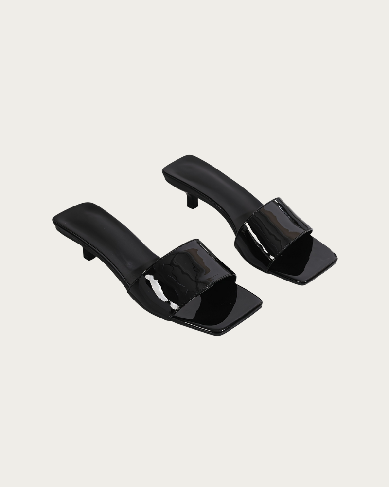 black open toe kitten heel sandals side view minimal design