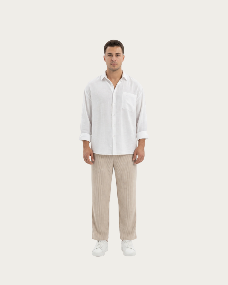 Man wearing beige trousers front view relaxed fit