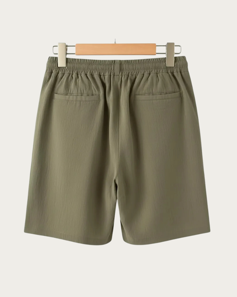 men's olive linen shorts back view minimal design