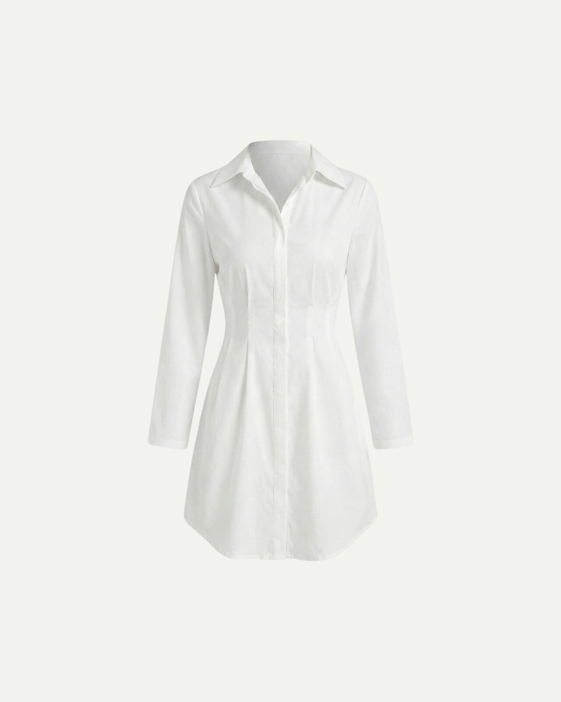 White Shirt Dress Women Front View Long Sleeve Classic Fit