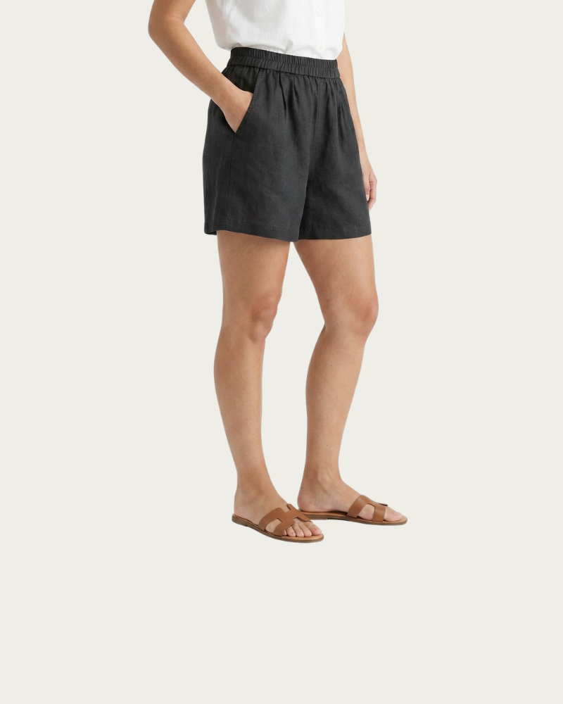 black elastic waist linen shorts front view relaxed fit