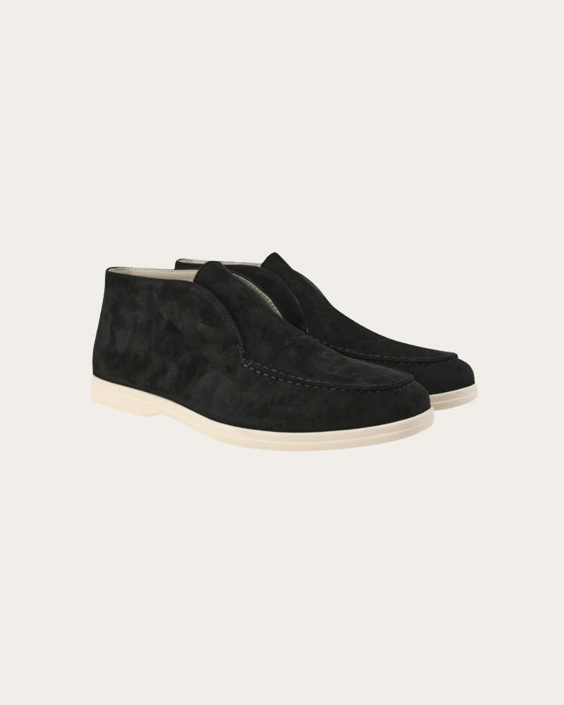 Black Suede High Top Loafers Side View Minimal Design