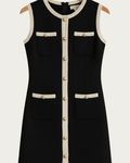 black sleeveless knit dress front view with contrast trim and buttons
