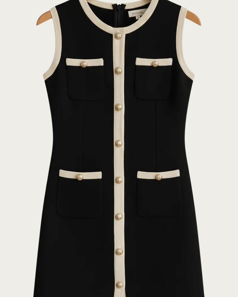 black sleeveless knit dress front view with contrast trim and buttons