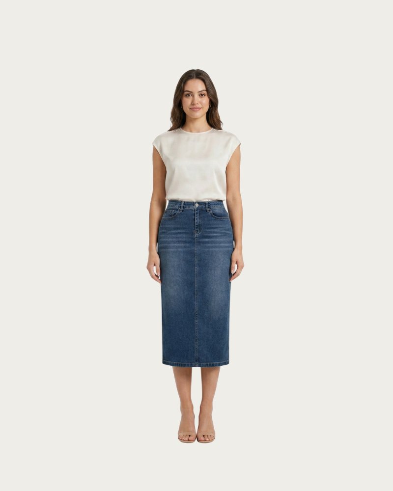 woman wearing blue denim midi skirt full body front view