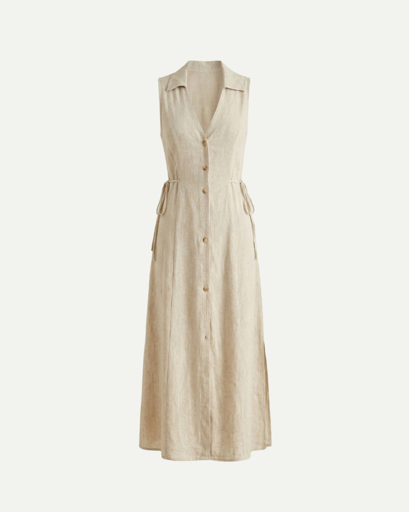Beige Linen Shirt Dress Women Front View Sleeveless A Line Fit