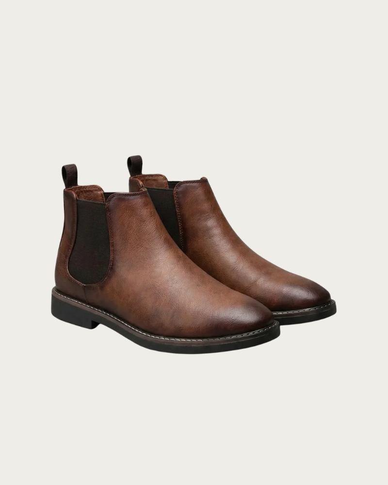 Brown Leather Chelsea Boots Pair Front View Clean Design