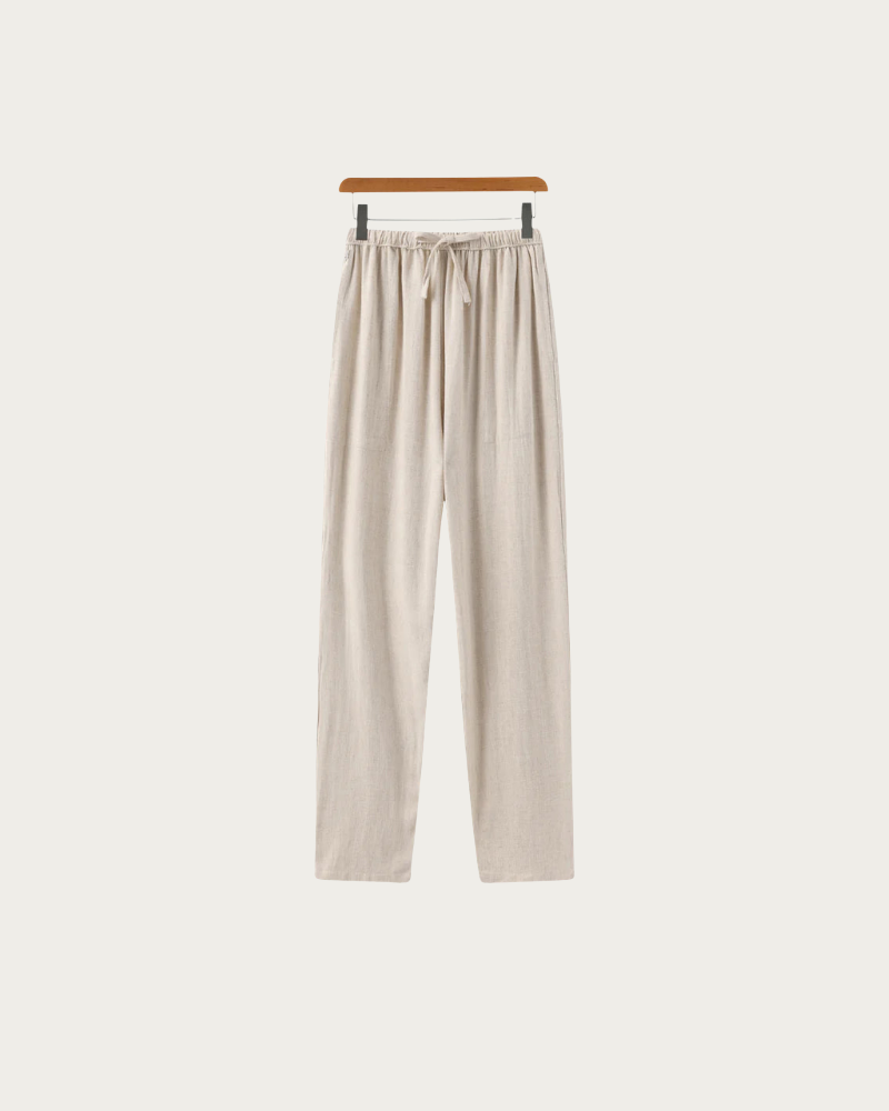 Beige Linen Trousers Flat Lay Front View Minimal Design