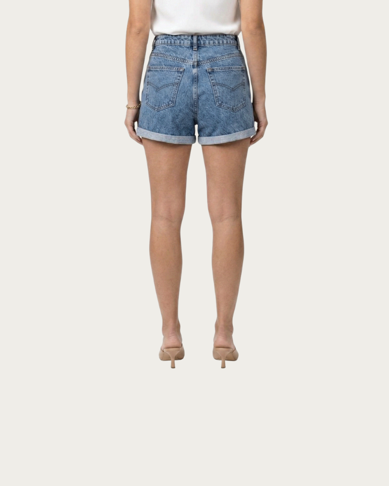 woman wearing denim shorts back view relaxed fit