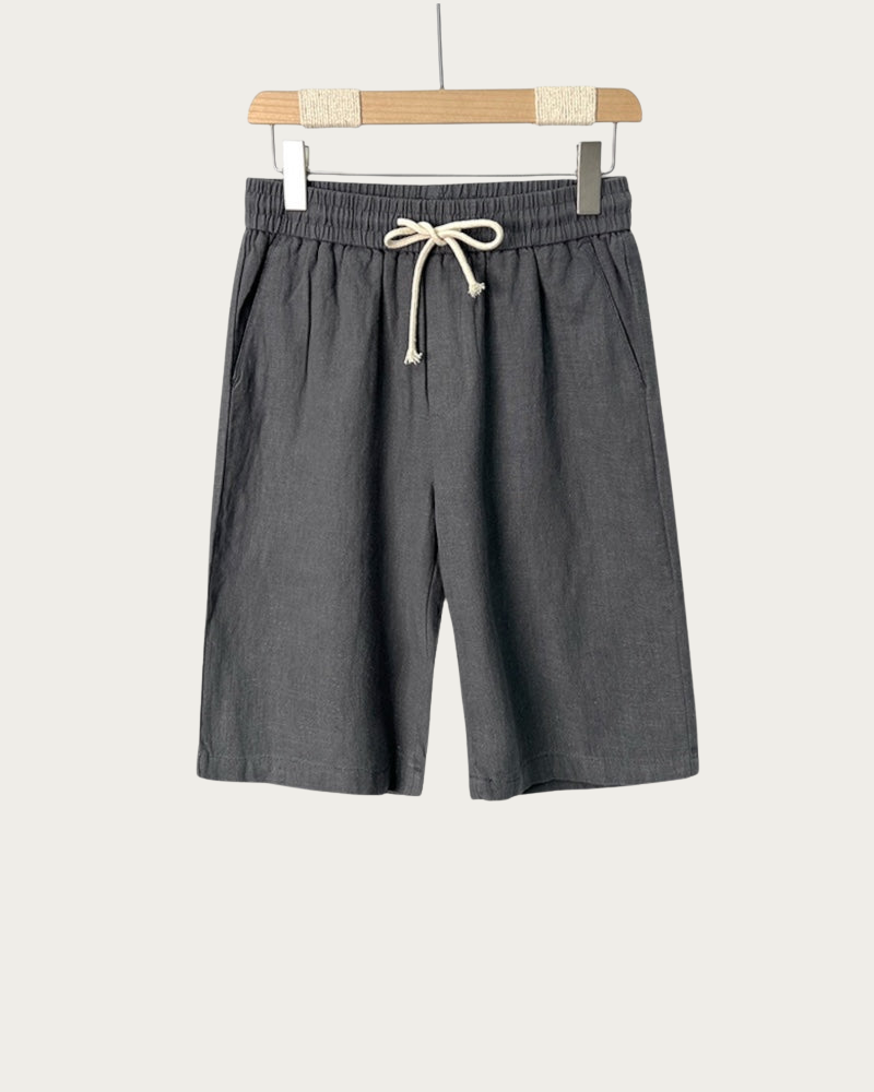 dark grey linen shorts men front view drawstring waist