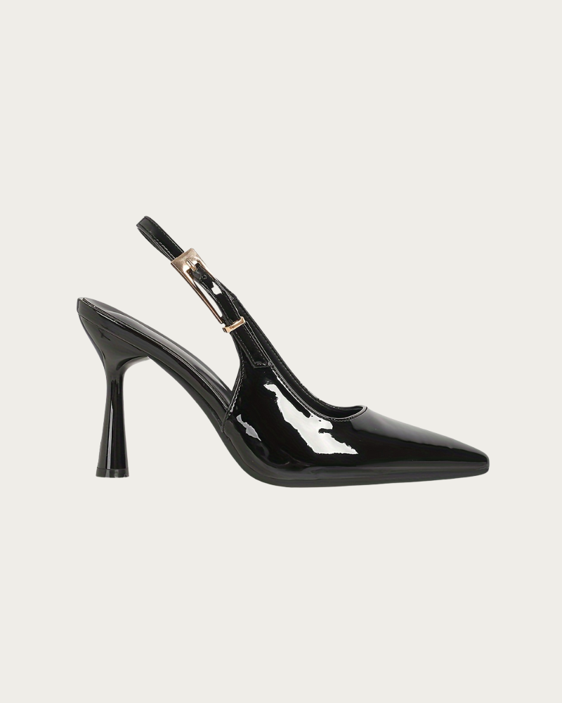 black slingback kitten heel pumps side view pointed toe