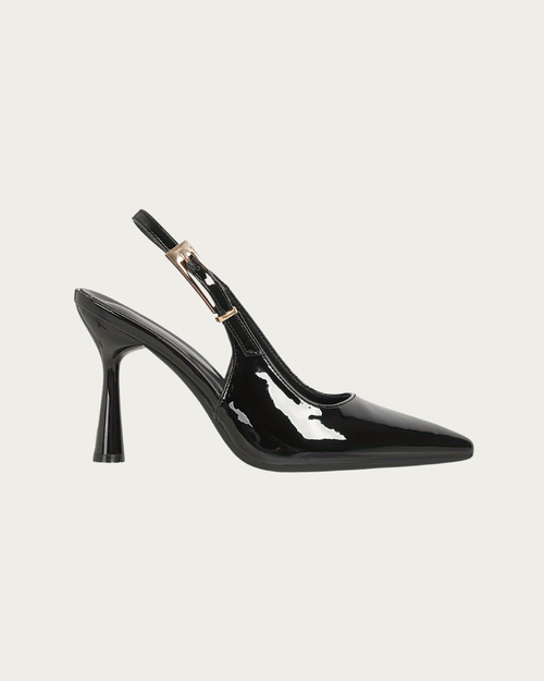 black slingback kitten heel pumps side view pointed toe