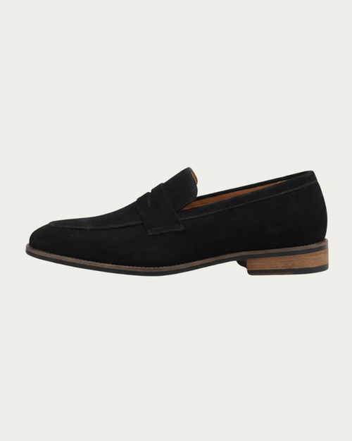 Black Suede Loafers Men Side View Slip-On Design