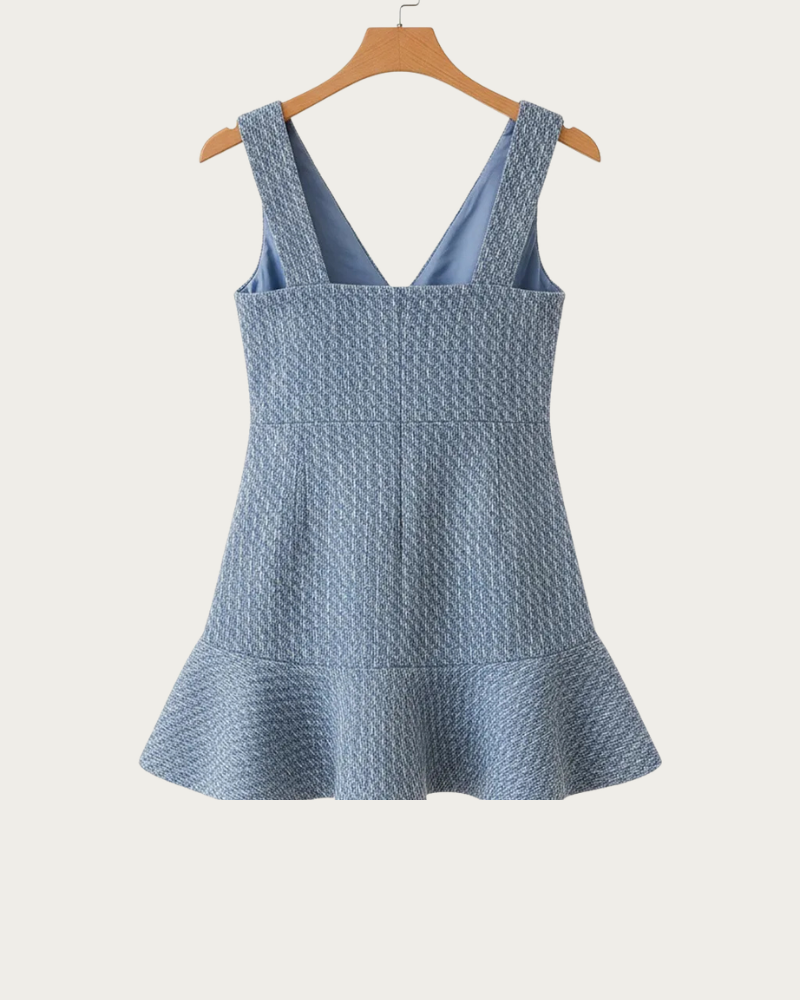 blue tweed mini dress back view on hanger