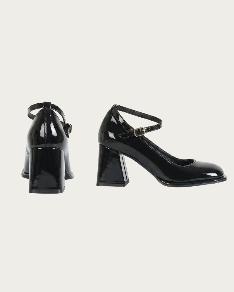 black block heel pumps front and back view minimal design