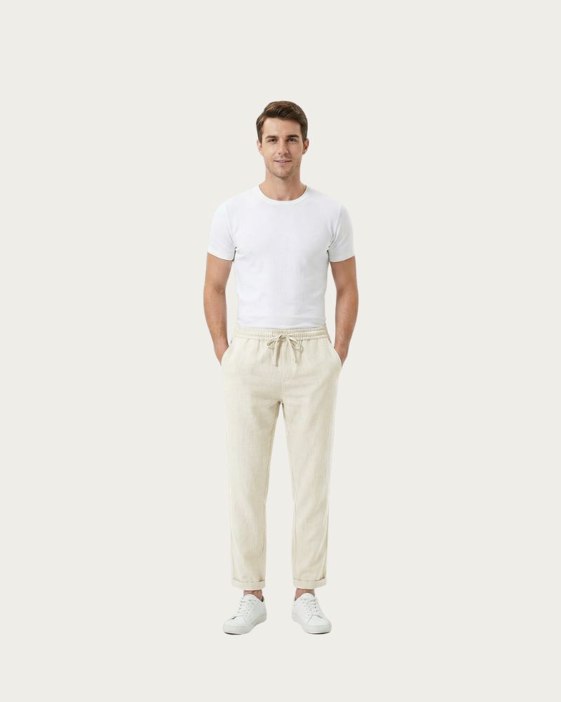 man wearing beige trousers front view relaxed fit casual look