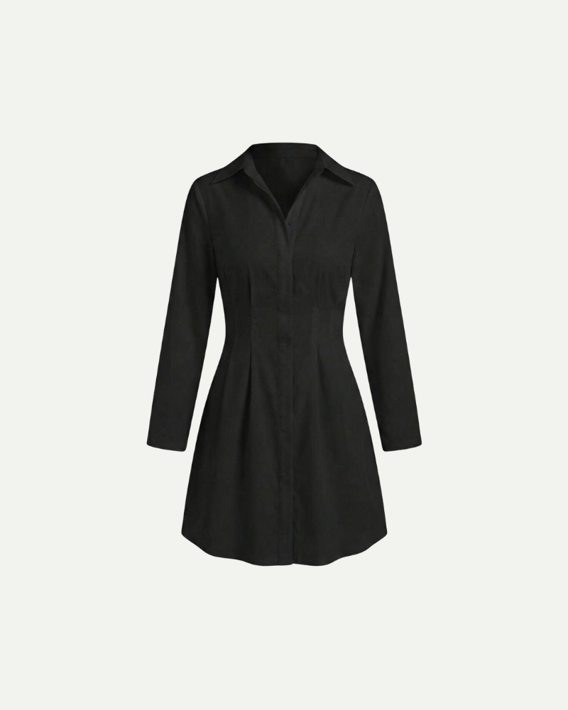 Black Shirt Dress Women Front View Long Sleeve Minimal Design