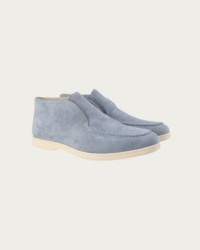 Light Blue Suede Loafers Side View Minimal Style