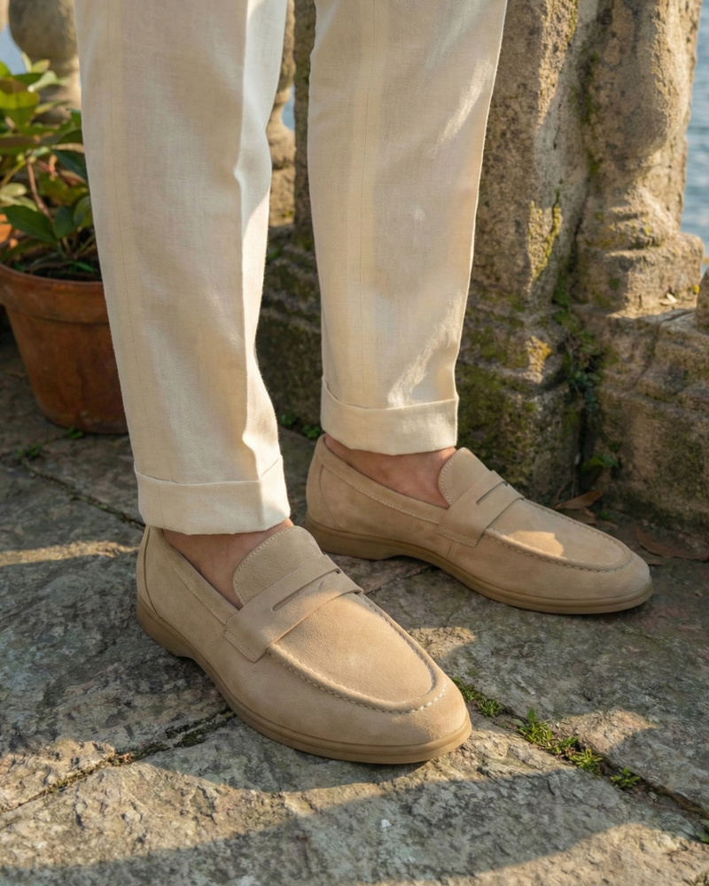 Man Wearing Beige Leather Loafers Casual Outfit Outdoor
