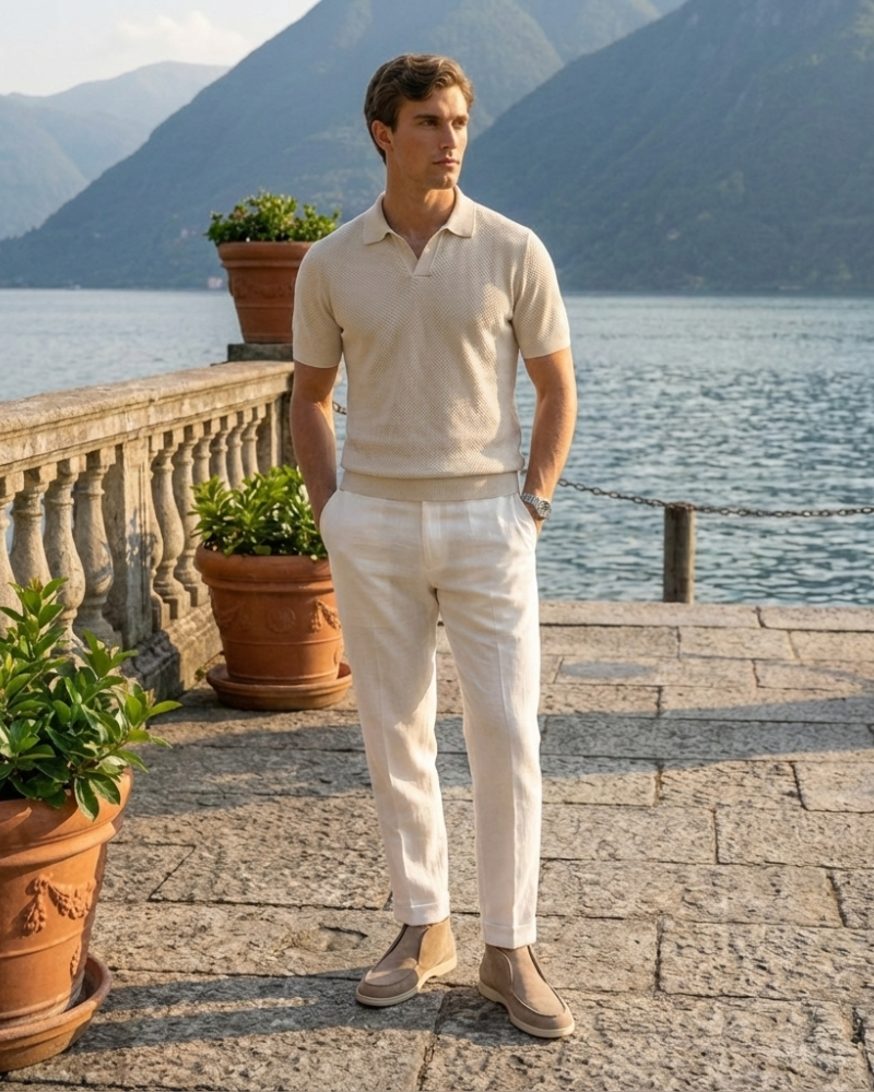 Man Wearing Beige Suede Loafers Full Body Casual Look