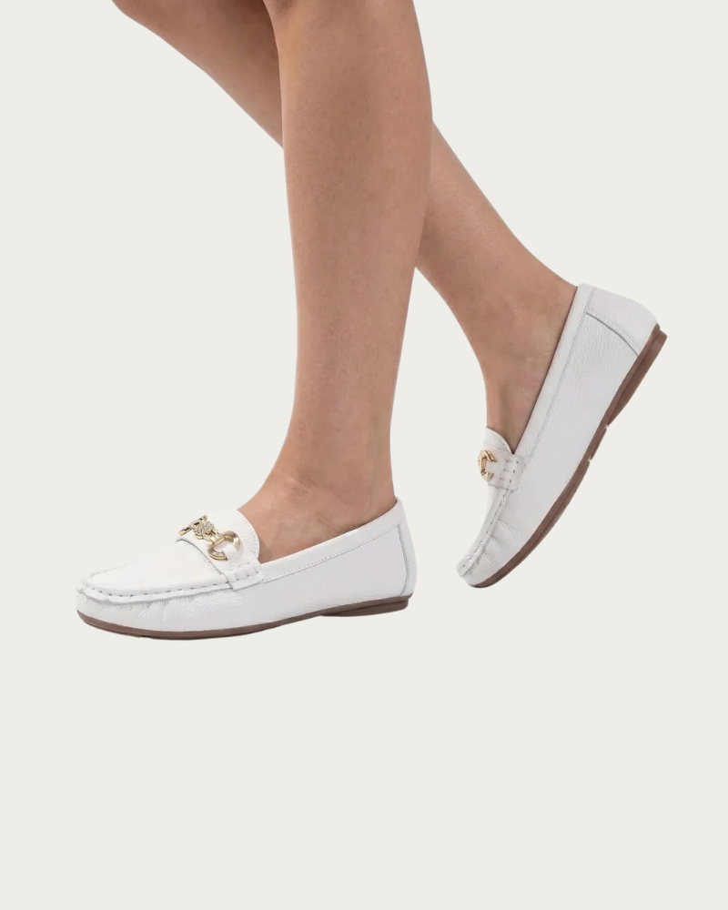 Woman Wearing White Flat Loafers Casual Outfit