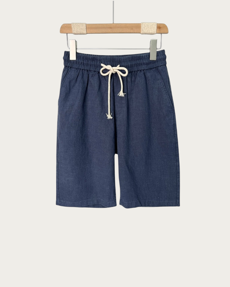 navy linen shorts men front view minimal design drawstring