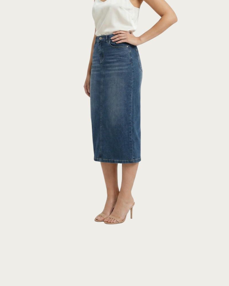 blue denim midi skirt front view straight cut design