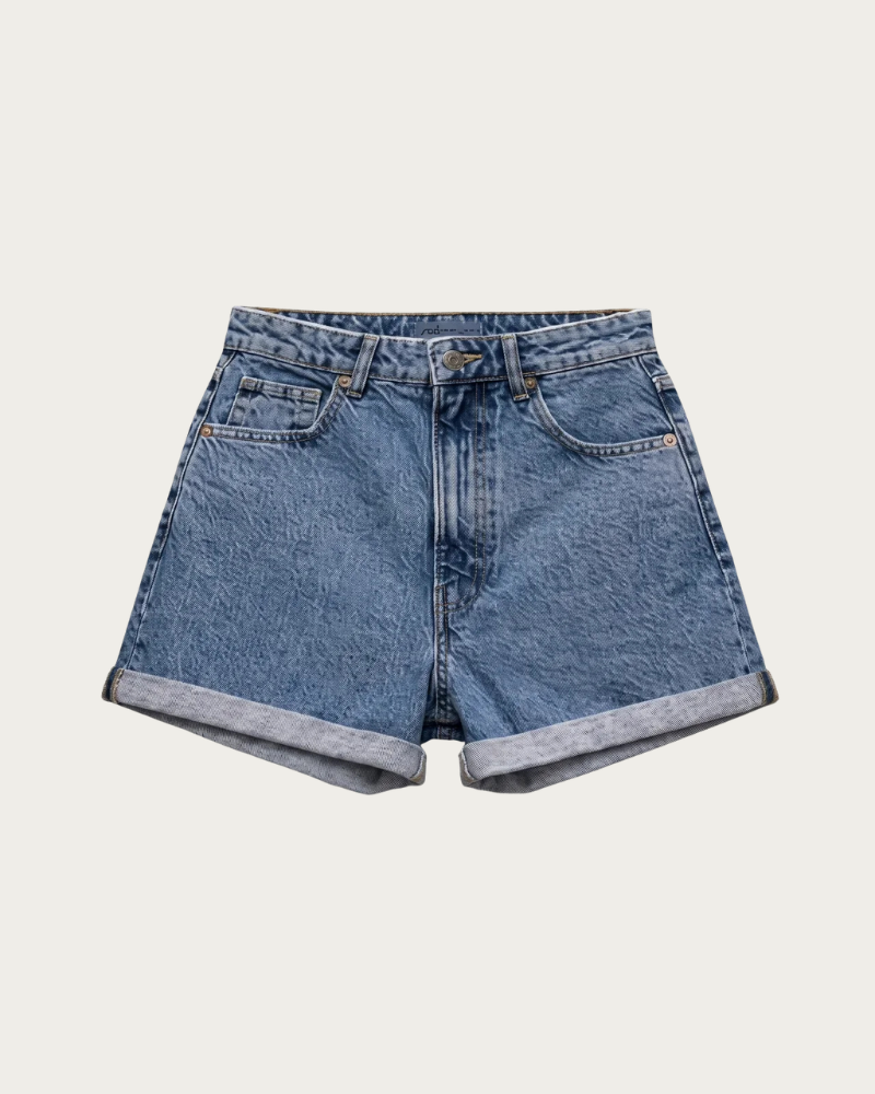 blue denim shorts flat lay front view minimal design