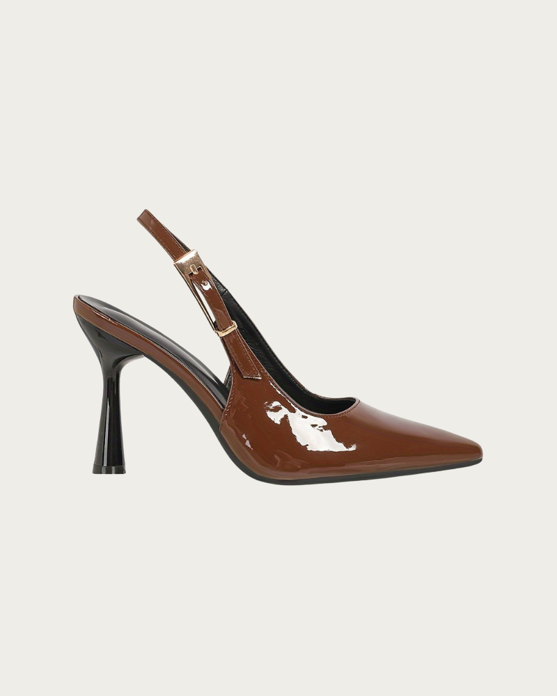 brown slingback kitten heel pumps side view pointed toe
