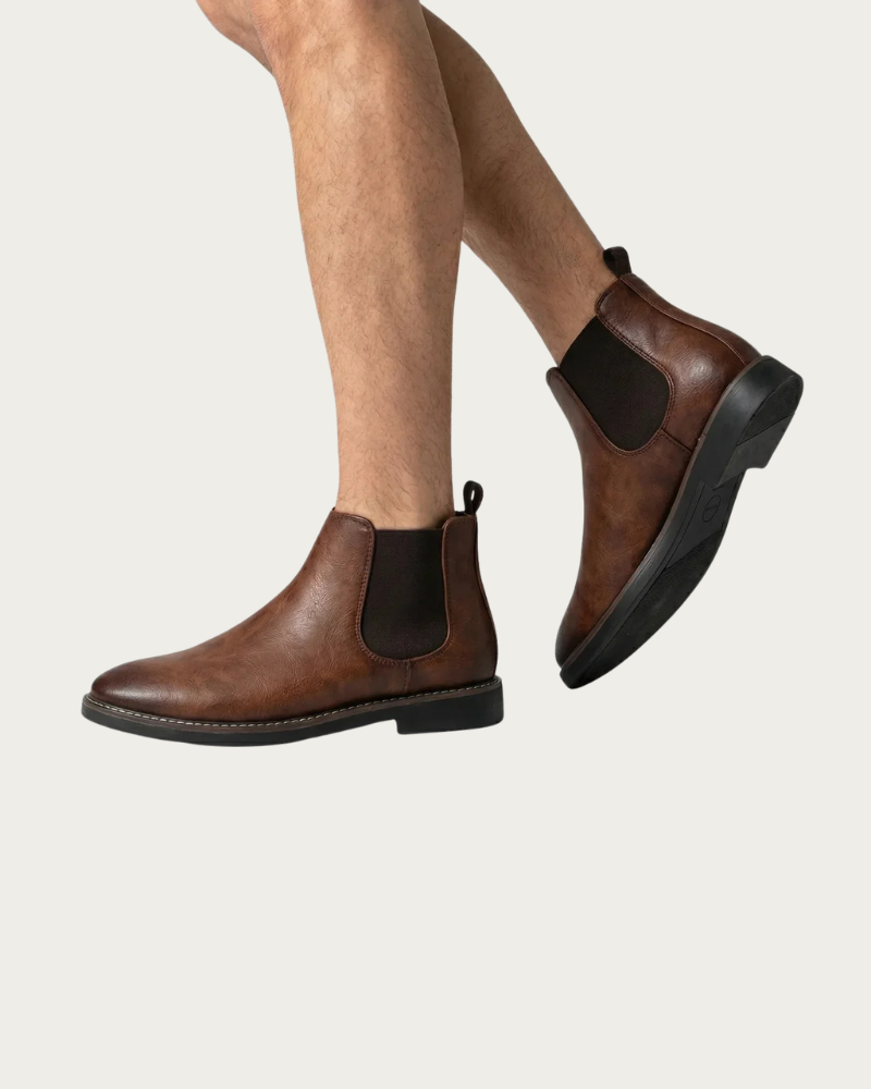 Man Wearing Brown Chelsea Boots Casual Outfit Side View