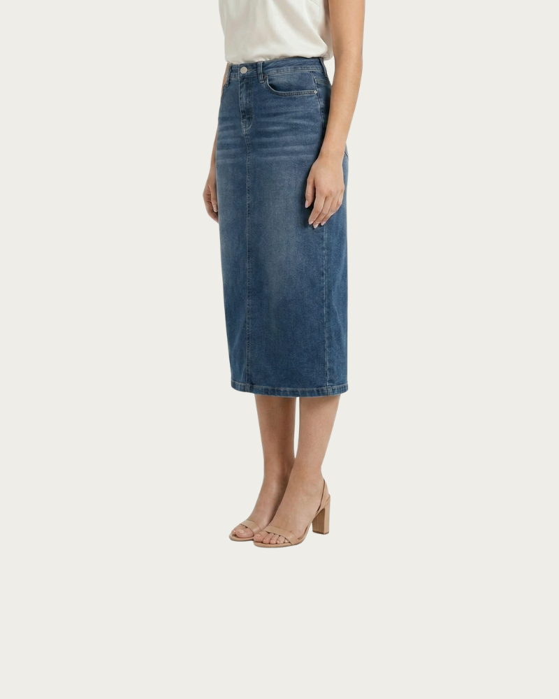 woman wearing denim midi skirt side view casual styling