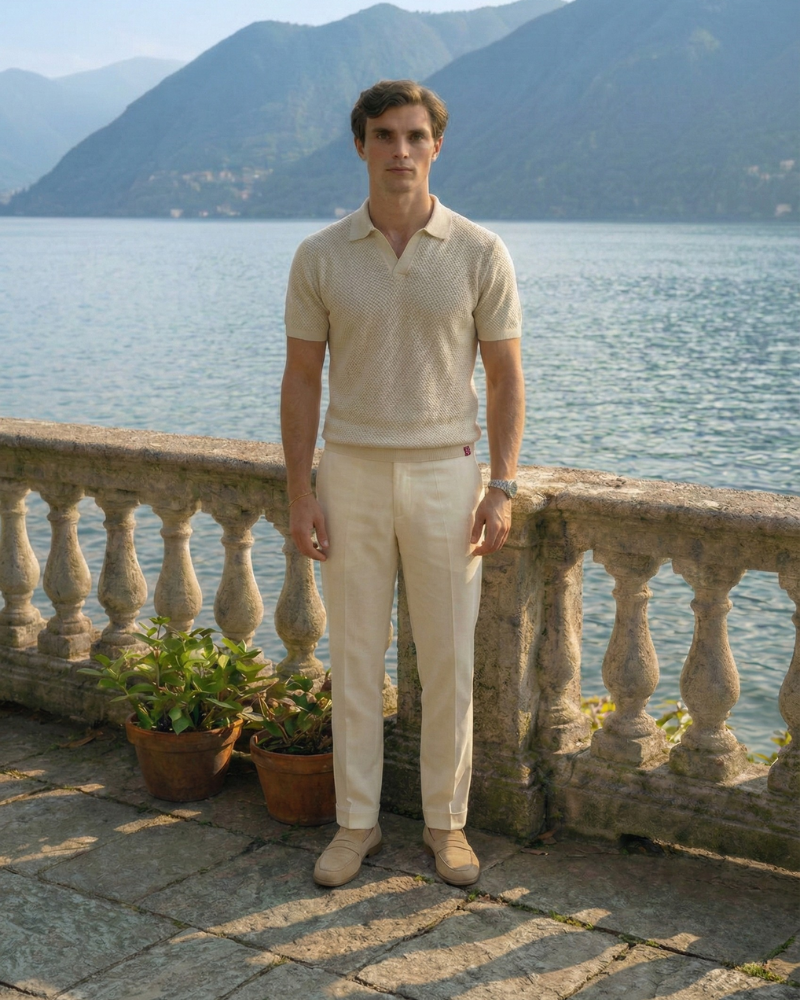 Man Wearing Beige Loafers Full Body Summer Outfit